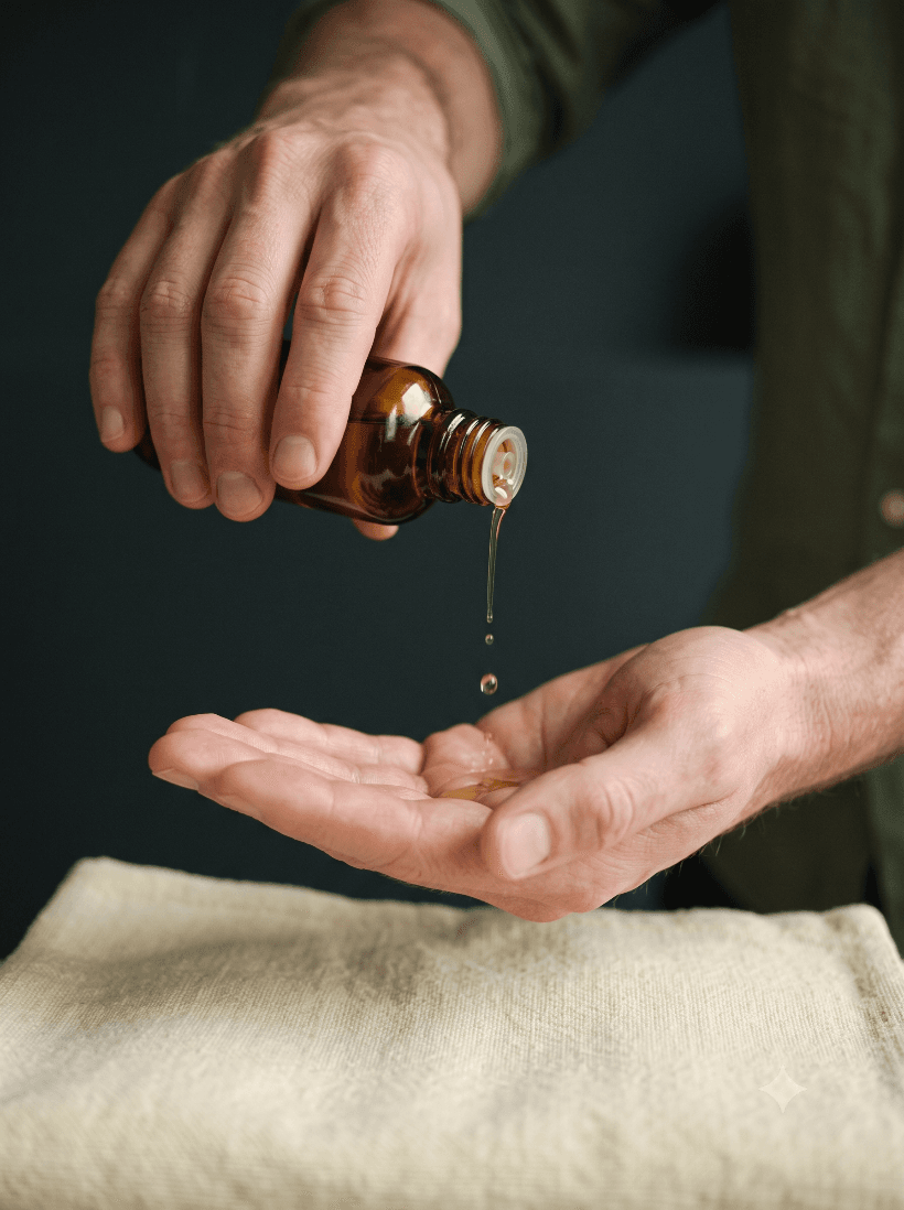 Therapist pouring warm massage oil into his palm